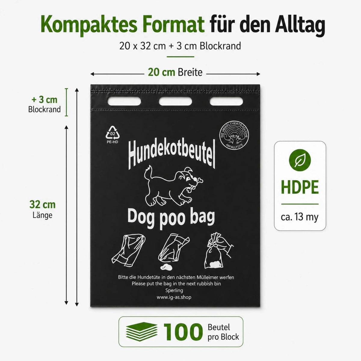 Schwarzer Hundekotbeutel-Block im Format 20 x 32 + 3 cm, Beutelansicht