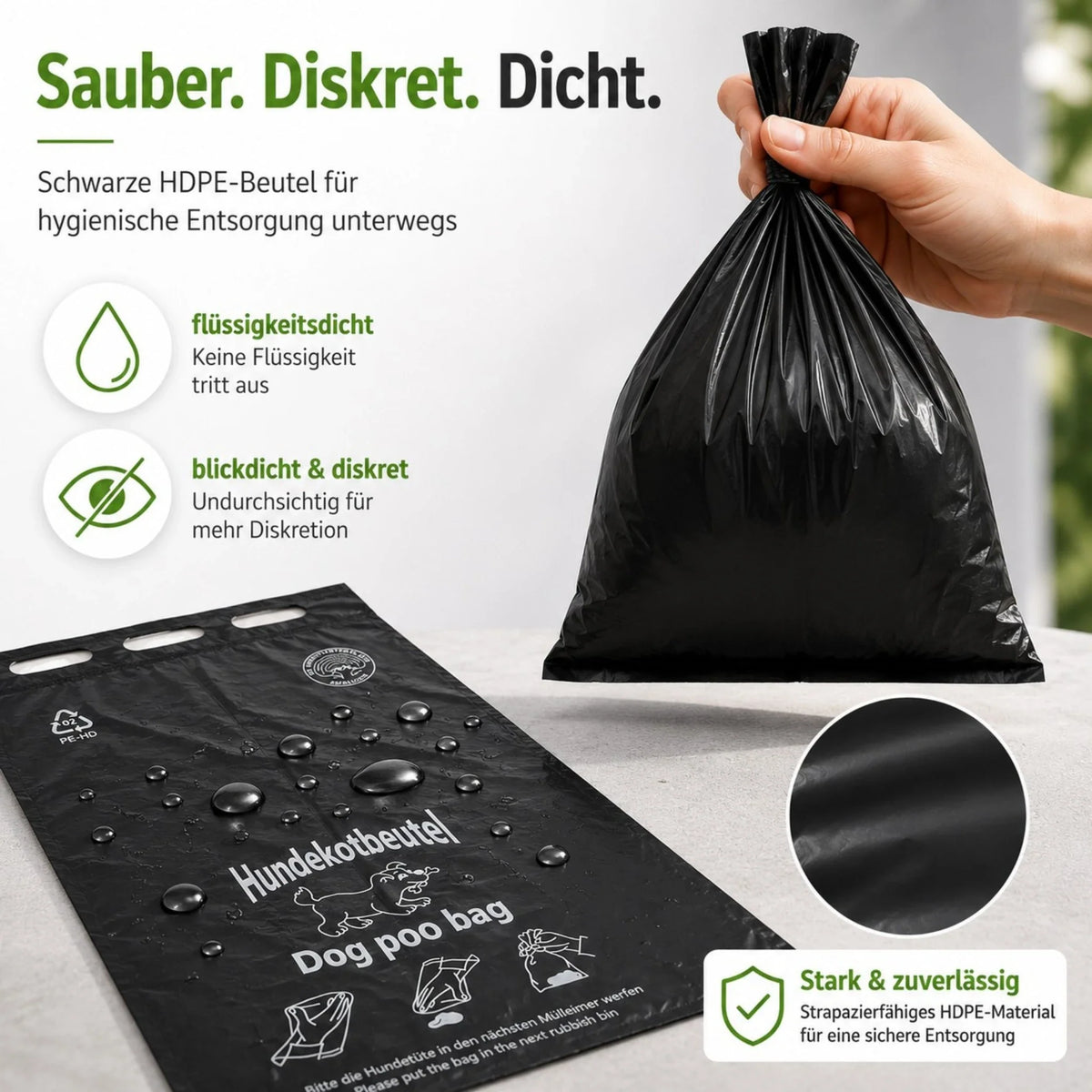 Schwarzer HDPE-Hundekotbeutel im Griff, zugesackter Beutel für unterwegs