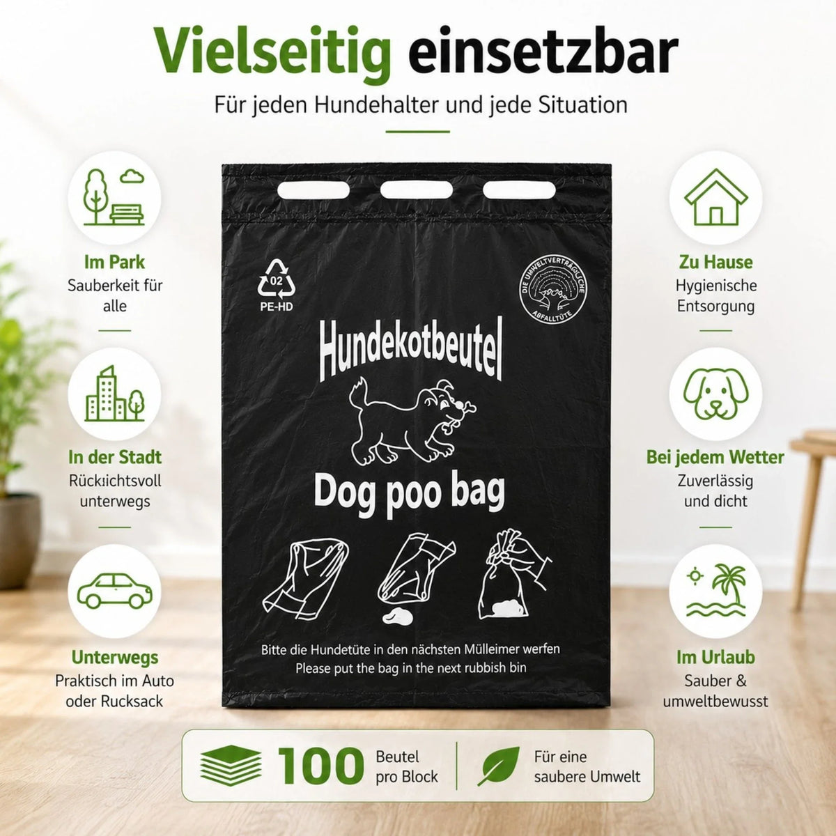 Schwarzer Hundekotbeutel-Block mit 3 Ösen, Vorderansicht des Beutels