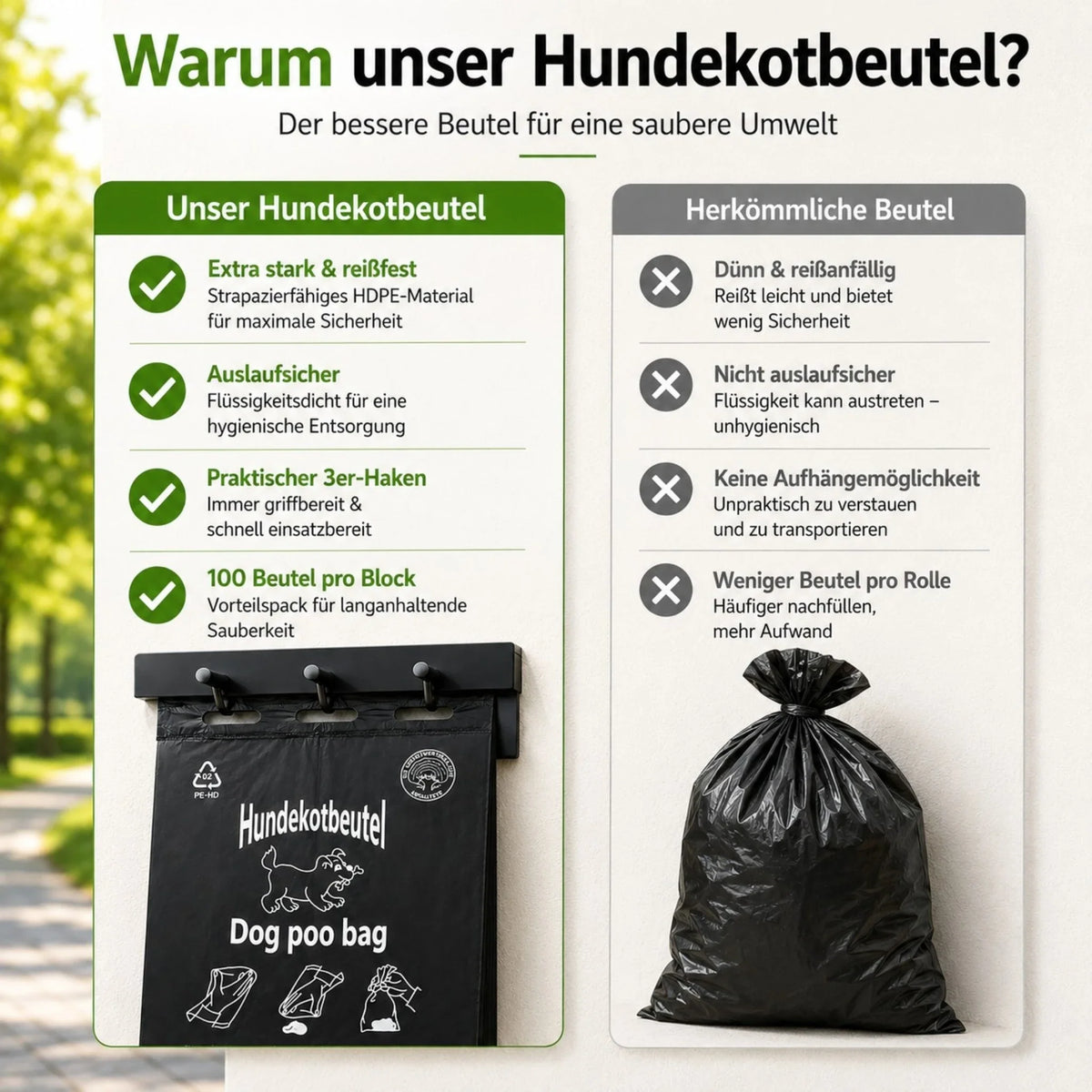 Schwarzer Hundekotbeutel-Block im Aufhängeständer, Beutelvorderseite im Nahblick