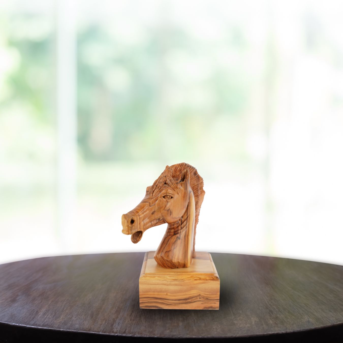 Handgeschnitzter Pferdekopf aus Olivenholz (klein) – Exklusive Holzskulptur aus Bethlehem (16 cm)