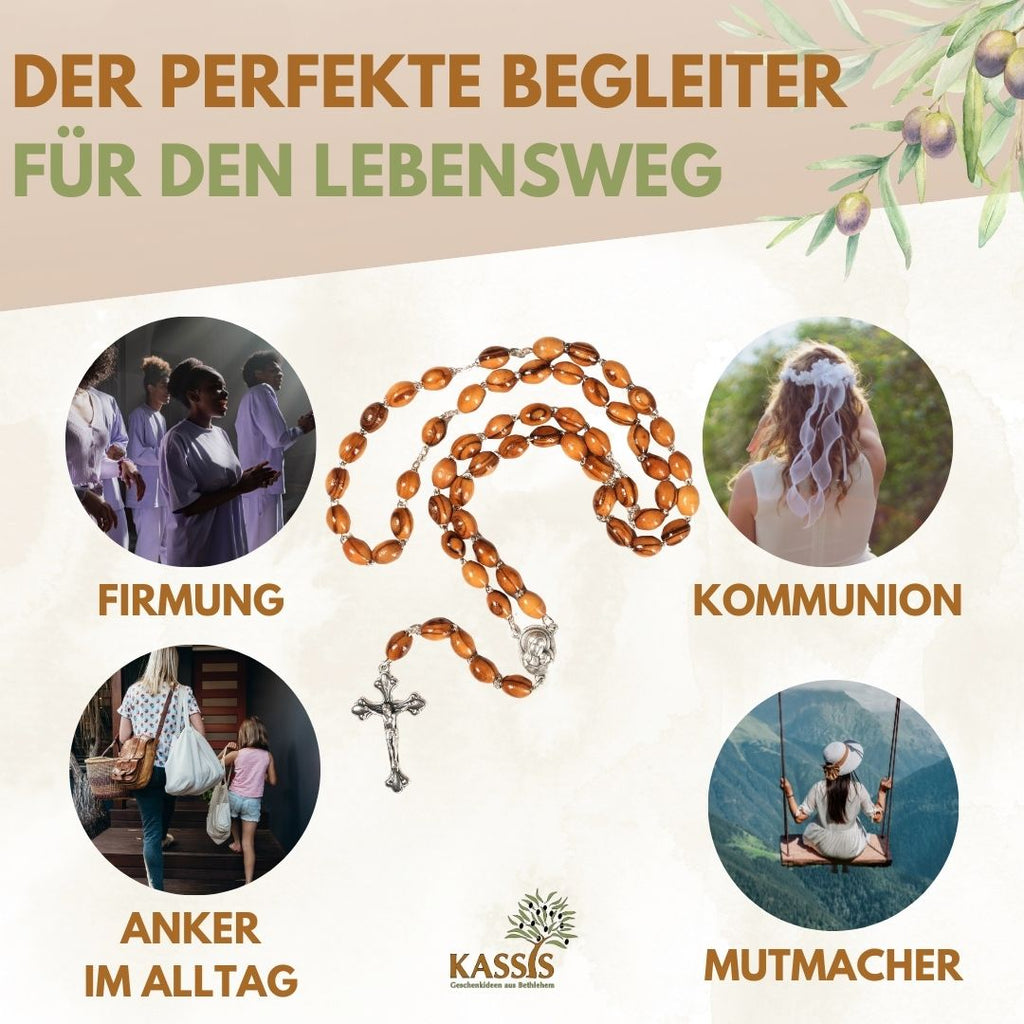 Rosenkranz mit ovalen Olivenholz-Perlen und Elementen aus Metall & Erde | Gebetskette mit Kreuz als Geschenk zur Taufe, Kommunion & Firmung