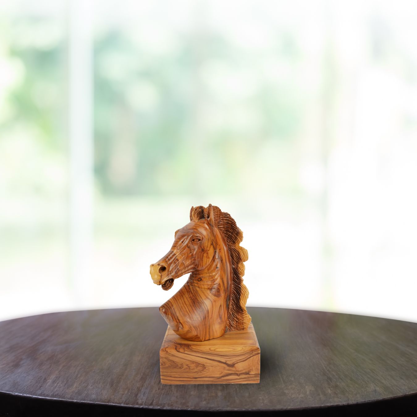 Handgeschnitzter Pferdekopf aus Olivenholz (groß) – Exklusive Holzskulptur aus Bethlehem (24 cm)