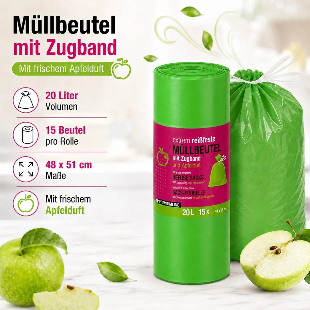 Müllbeutel mit Zugband 20L – Apfel Duft | Extrem Reißfest