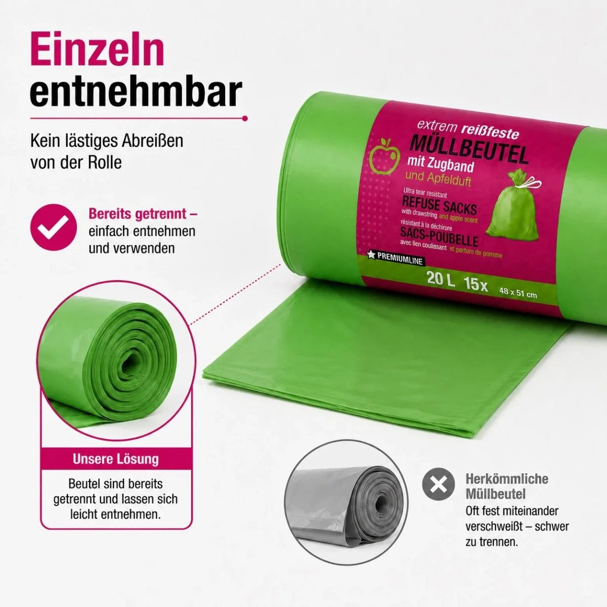 Müllbeutel mit Zugband 20L – Apfel Duft | Extrem Reißfest