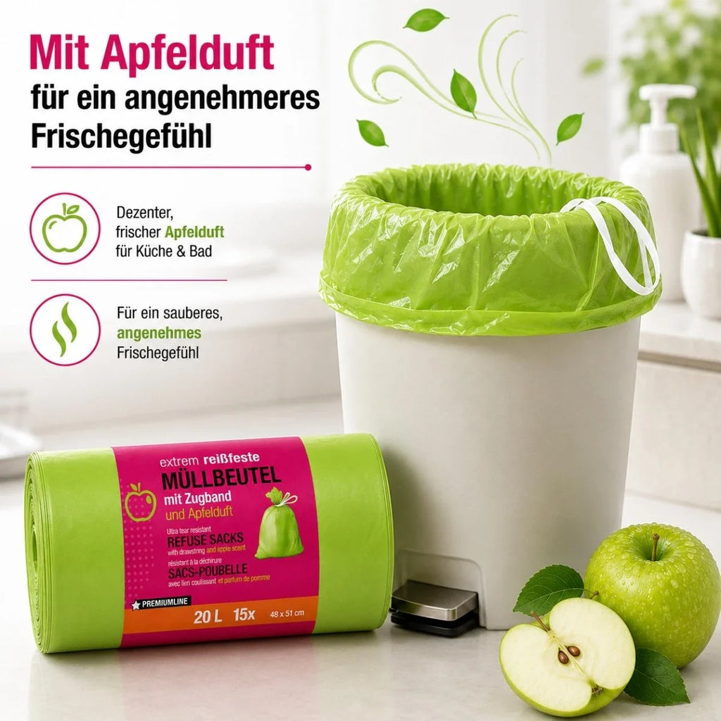 Müllbeutel mit Zugband 20L – Apfel Duft | Extrem Reißfest