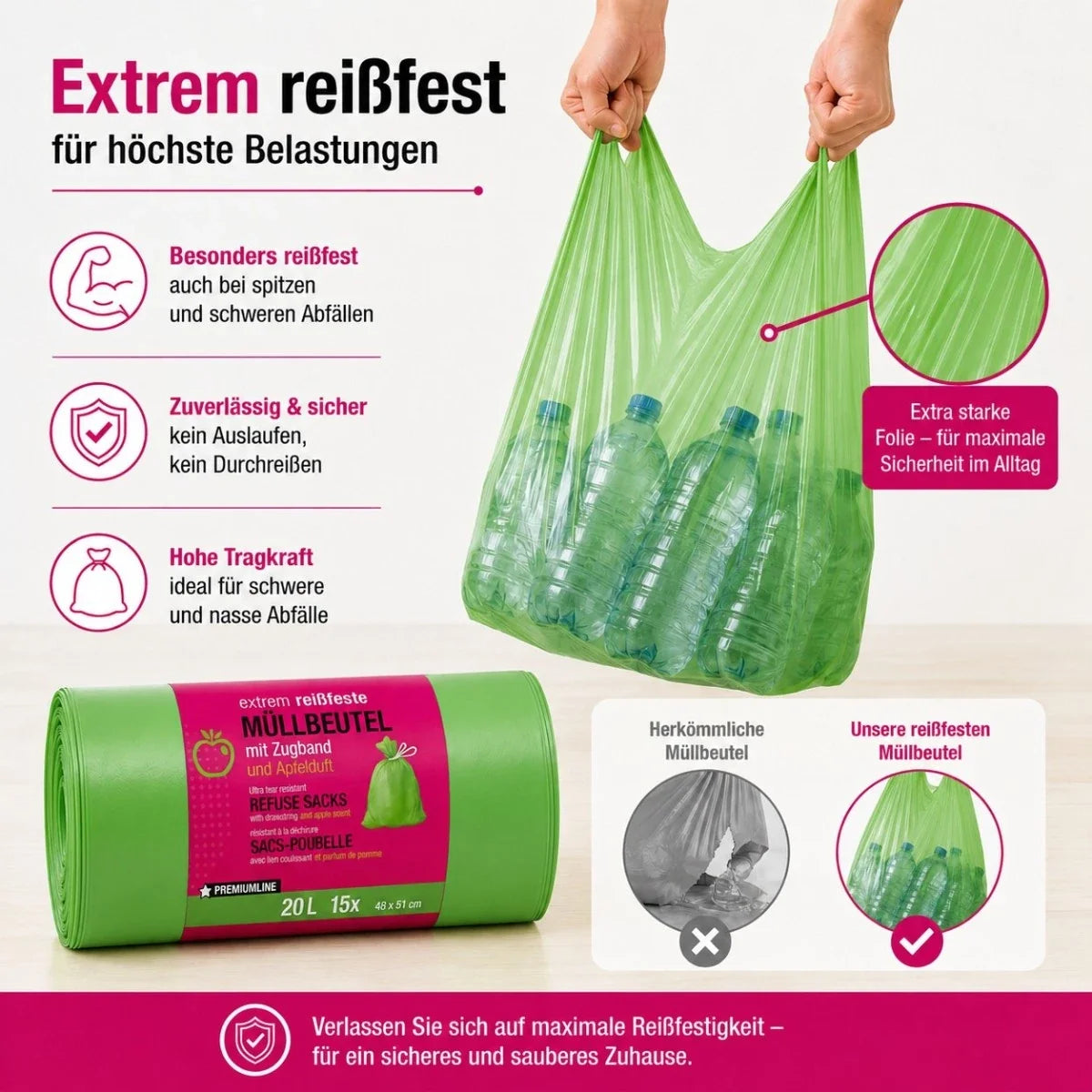 Müllbeutel mit Zugband 20L – Apfel Duft | Extrem Reißfest