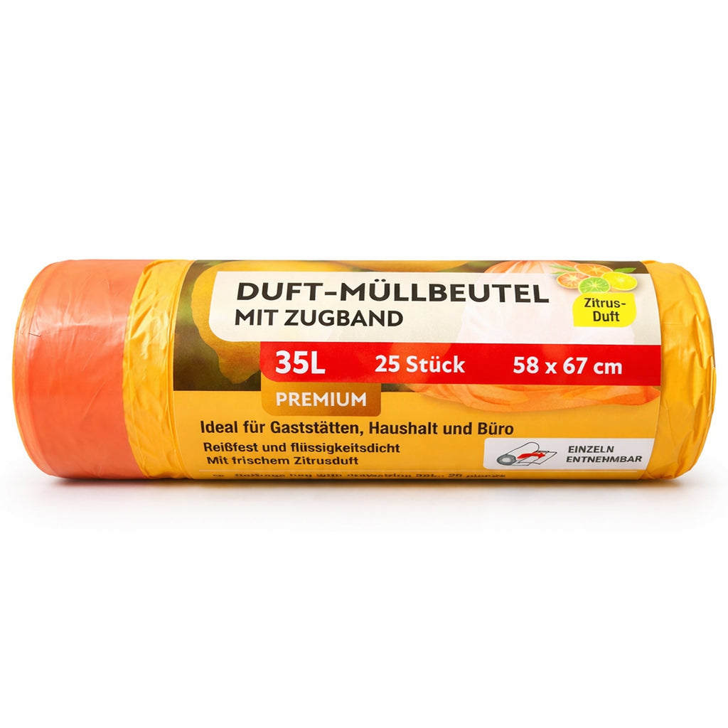 Duft Müllbeutel mit Zugband – Zitrusduft | 35L | 25 Stück auf Rolle | Einzeln entnehmbar