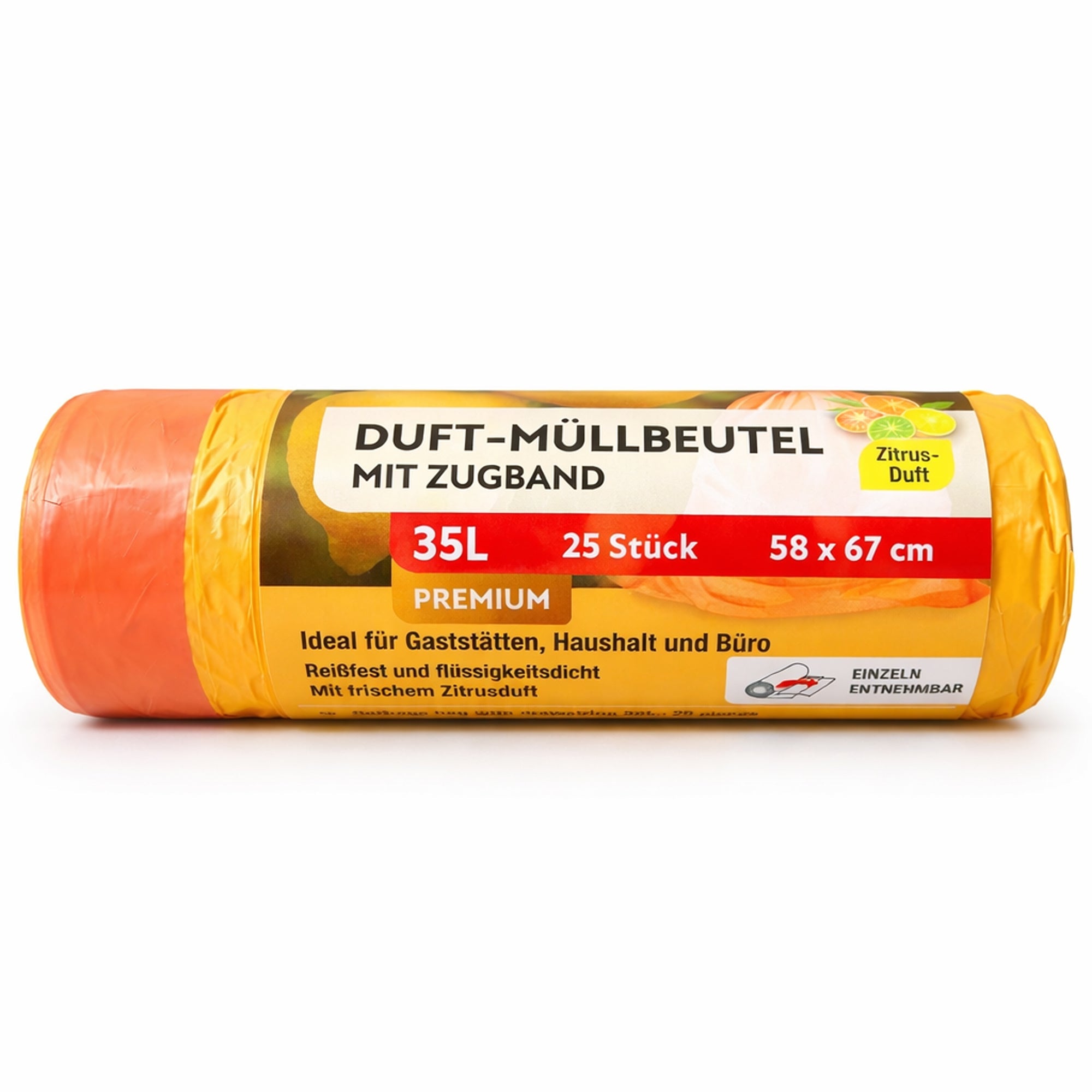 Duft Müllbeutel mit Zugband – Zitrusduft | 35L | 25 Stück auf Rolle | Einzeln entnehmbar