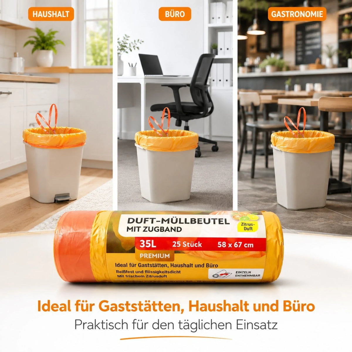 Duft-Müllbeutel mit Zugband, 35 l, orange-gelbe Müllbeutel-Rolle