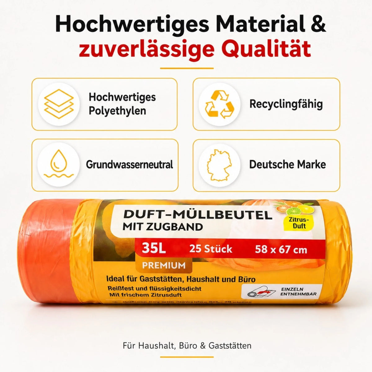Duft-Müllbeutel mit Zugband, 35 l, orange-gelbe Rolle, 58×67 cm