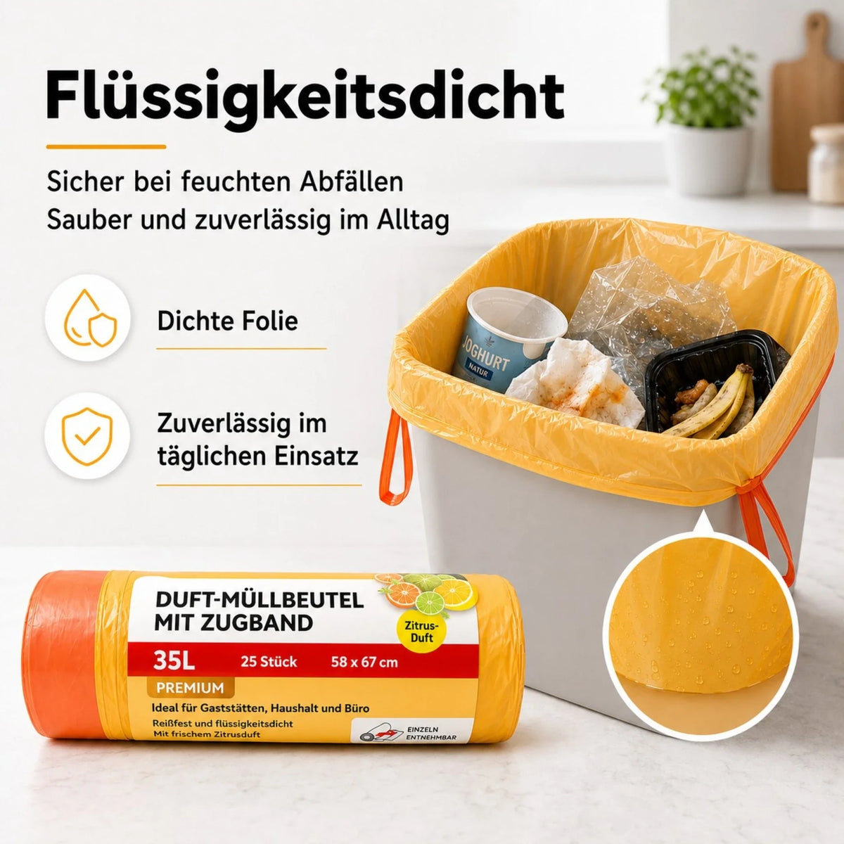 Duft-Müllbeutel mit Zugband, orange-gelbe Rolle, 35 l, flüssigkeitsdicht