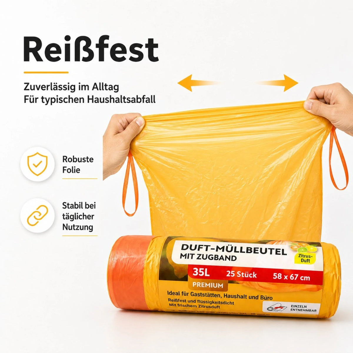 Duft-Müllbeutel mit Zugband, 35 l, orange-gelbe Beutel-Rolle, reißfest