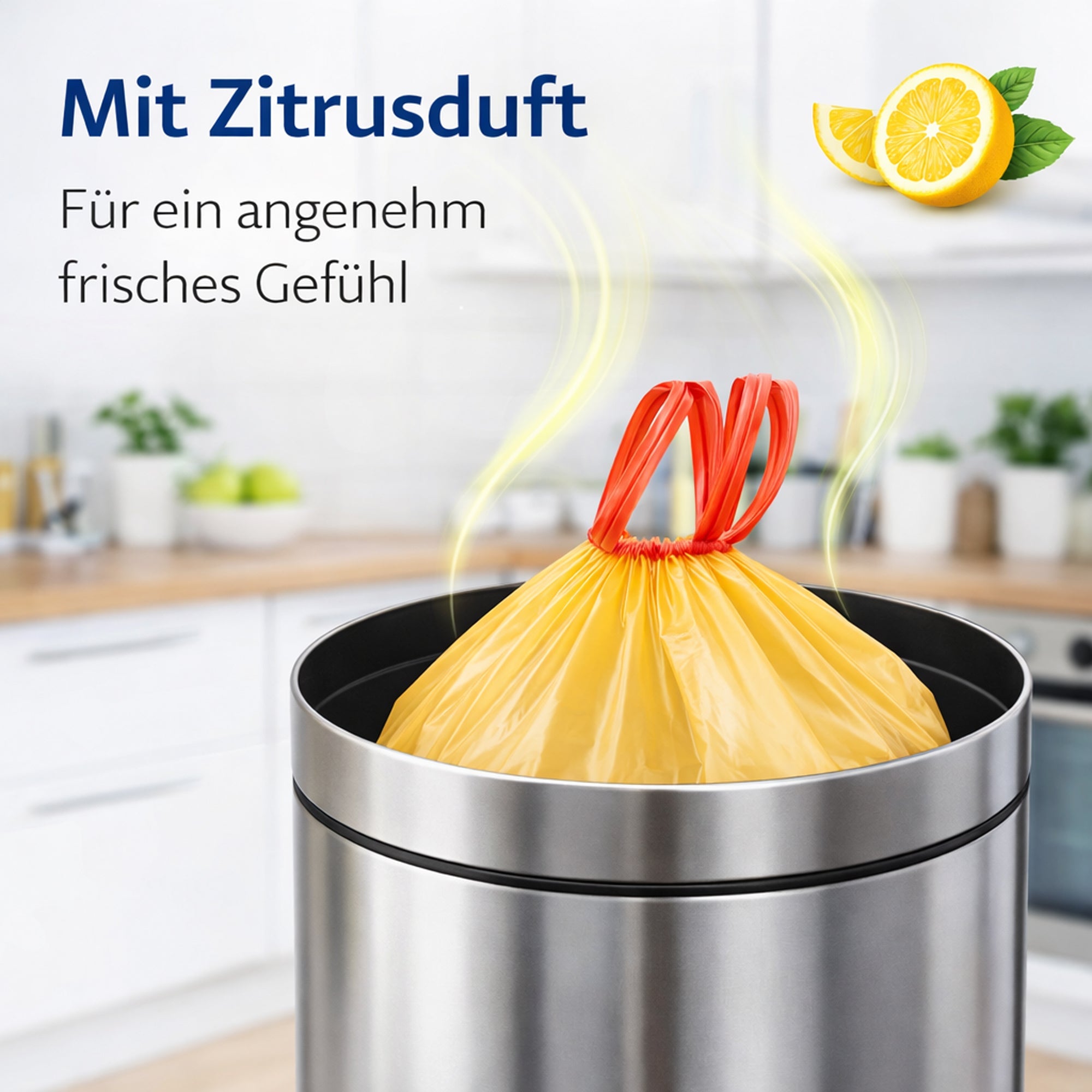 Duft Müllbeutel mit Zugband – Zitrusduft | 35L | 25 Stück auf Rolle | Einzeln entnehmbar