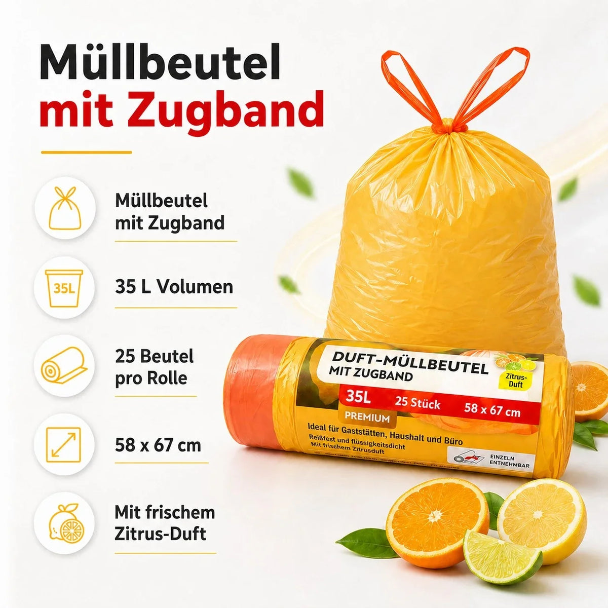 Duft-Müllbeutel mit Zugband, orange-gelbe Beutel, mit frischem Zitrusduft