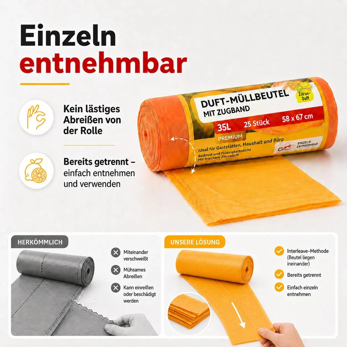 Duft-Müllbeutel mit Zugband, orange-gelbe Rolle, einzeln entnehmbar