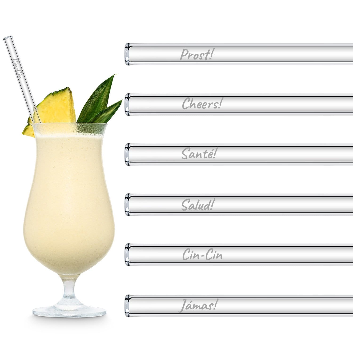 International Anstoßen Edition 20cm Glastrinkhalme „Prost“ in 6 verschiedenen Sprachen
