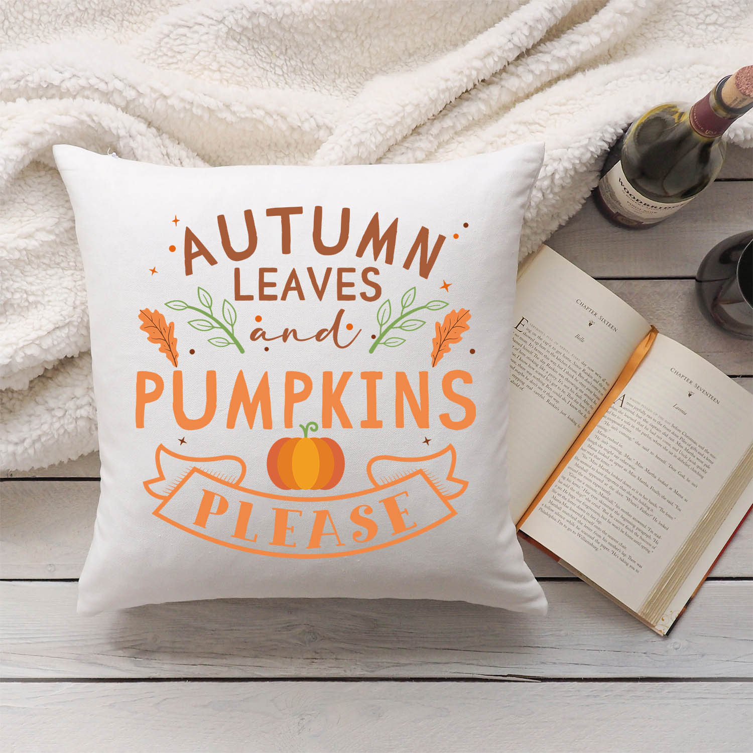 Bedrucktes Kissen mit Spruch Autumn leaves and Pumpkins please