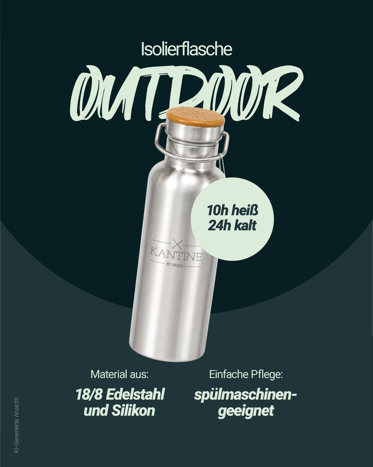 Isolierflasche mit silbernem Edelstahlschaft und goldbraunem Deckel, 750 ml
