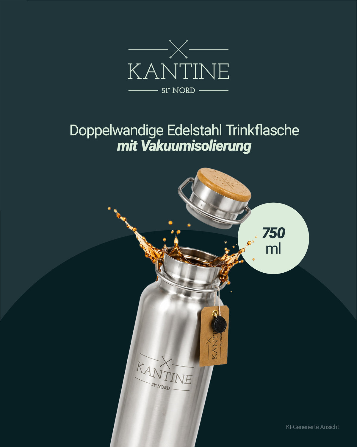 Isolierflasche aus Edelstahl mit Korkdeckel und Trageband, 750-ml-Angabe