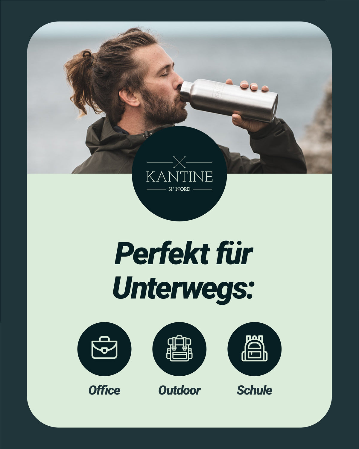 Isolierflasche aus Edelstahl mit Korkdeckel, wird zum Trinken angehoben