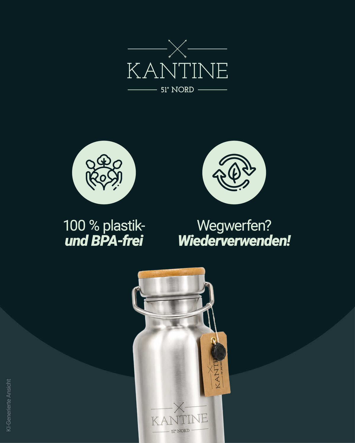 Isolierflasche aus Edelstahl mit Korkdeckel und braunem Lederanhänger