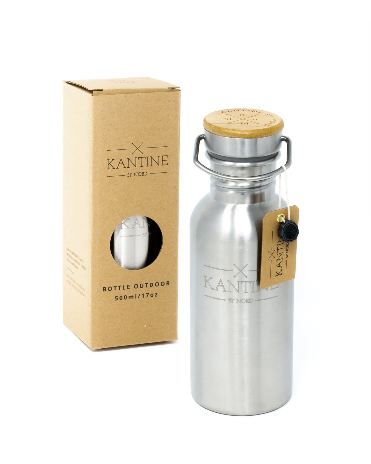 Outdoor-Trinkflasche 500 ml aus Edelstahl mit Bambusdeckel und Tragebügel