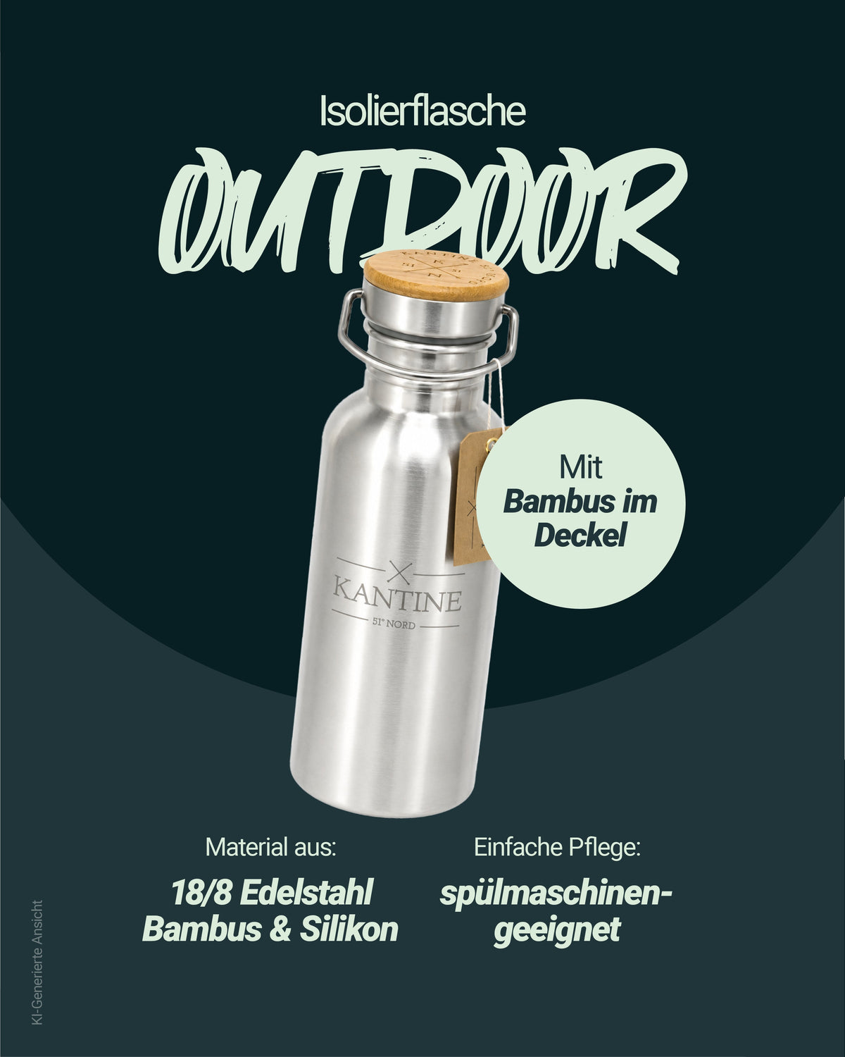 Isolier-Trinkflasche aus gebürstetem Edelstahl mit Bambusdeckel und Bügelverschluss
