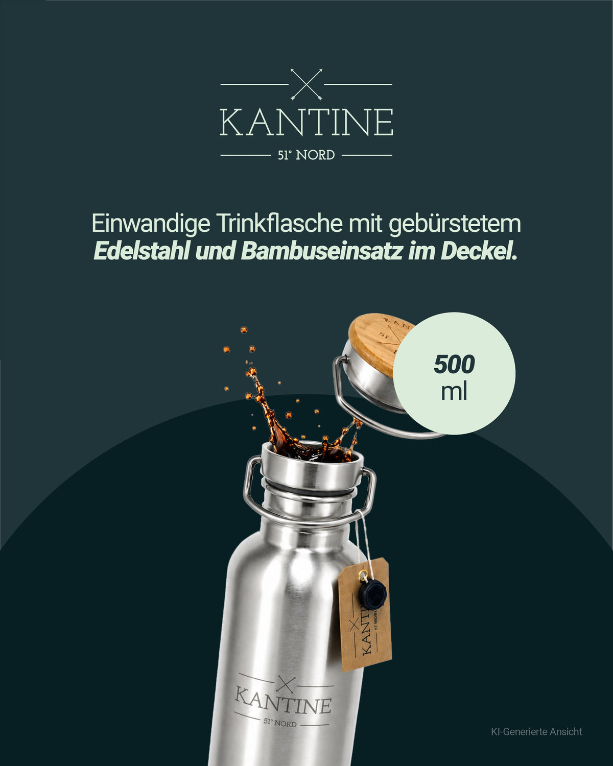 Isolier-Trinkflasche aus Edelstahl mit Bambuseinsatz im Deckel, 500 ml