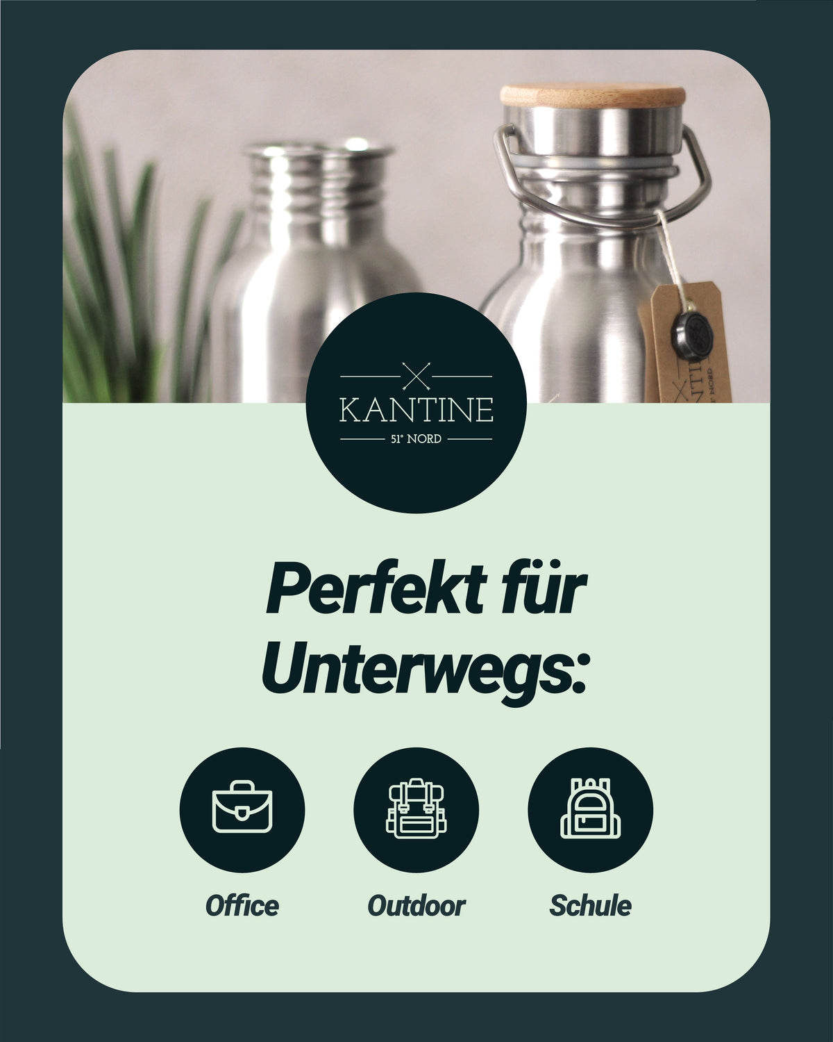 Isolier-Trinkflasche aus Edelstahl mit Bambusdeckel und seitlichem Tragebügel