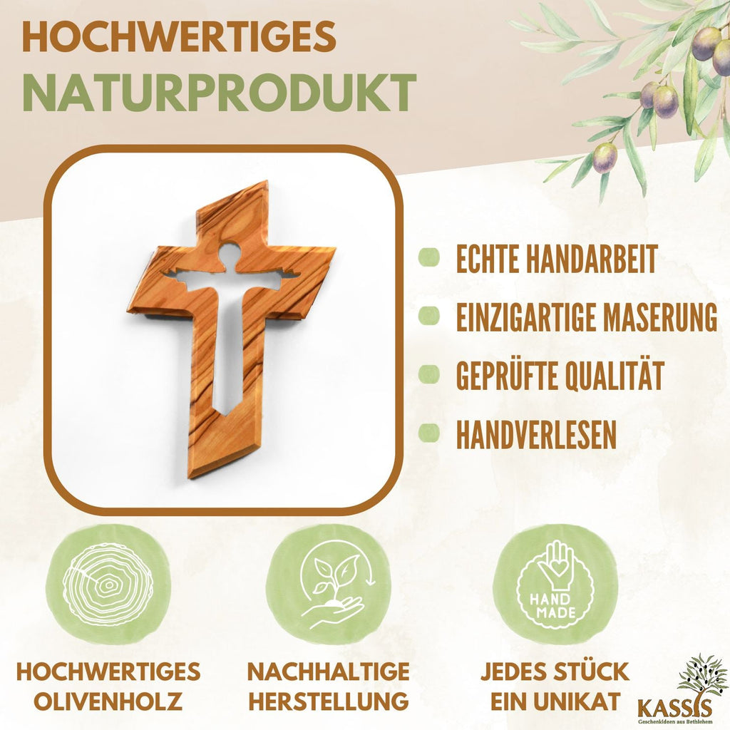 Olivenholz Kreuz mit auferstandenem Jesus (13 cm) | Wandkreuz als Geschenk zur Taufe, Kommunion & Firmung