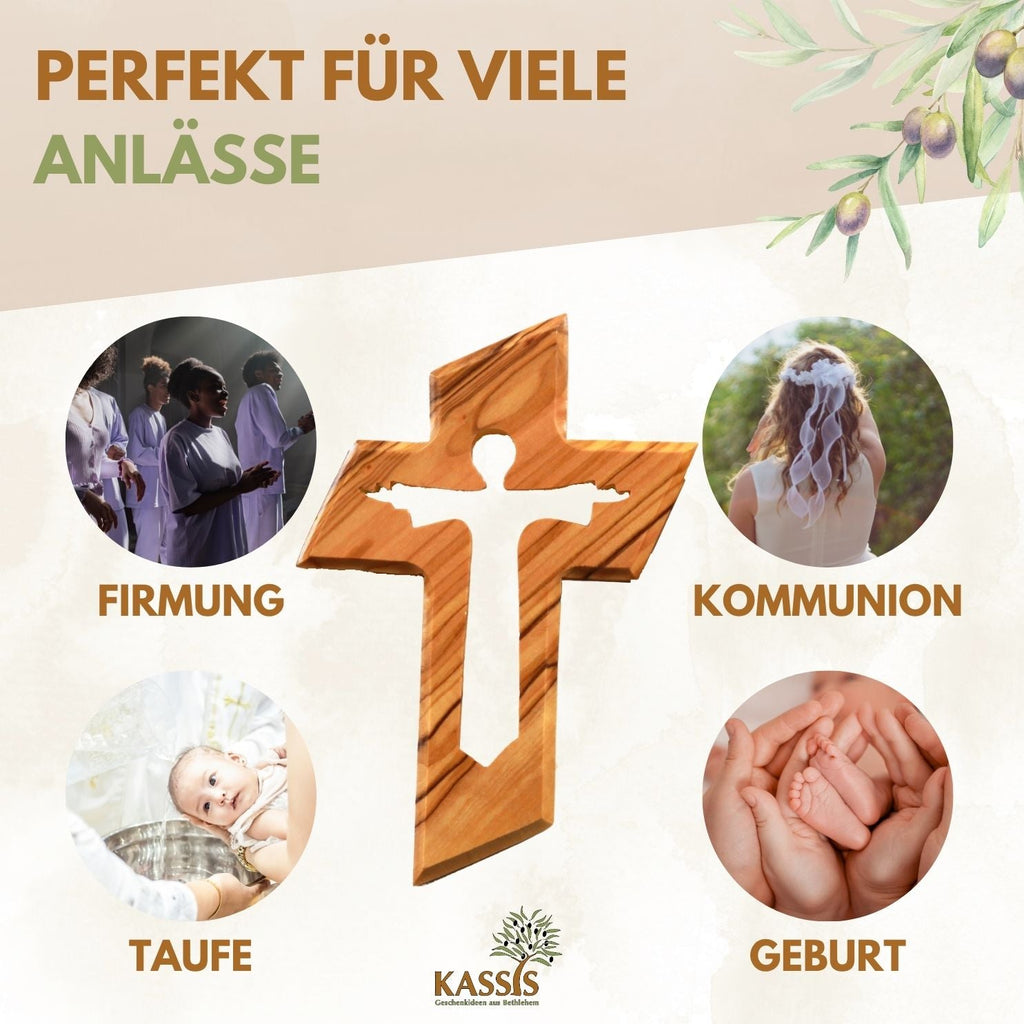 Olivenholz Kreuz mit auferstandenem Jesus (13 cm) | Wandkreuz als Geschenk zur Taufe, Kommunion & Firmung