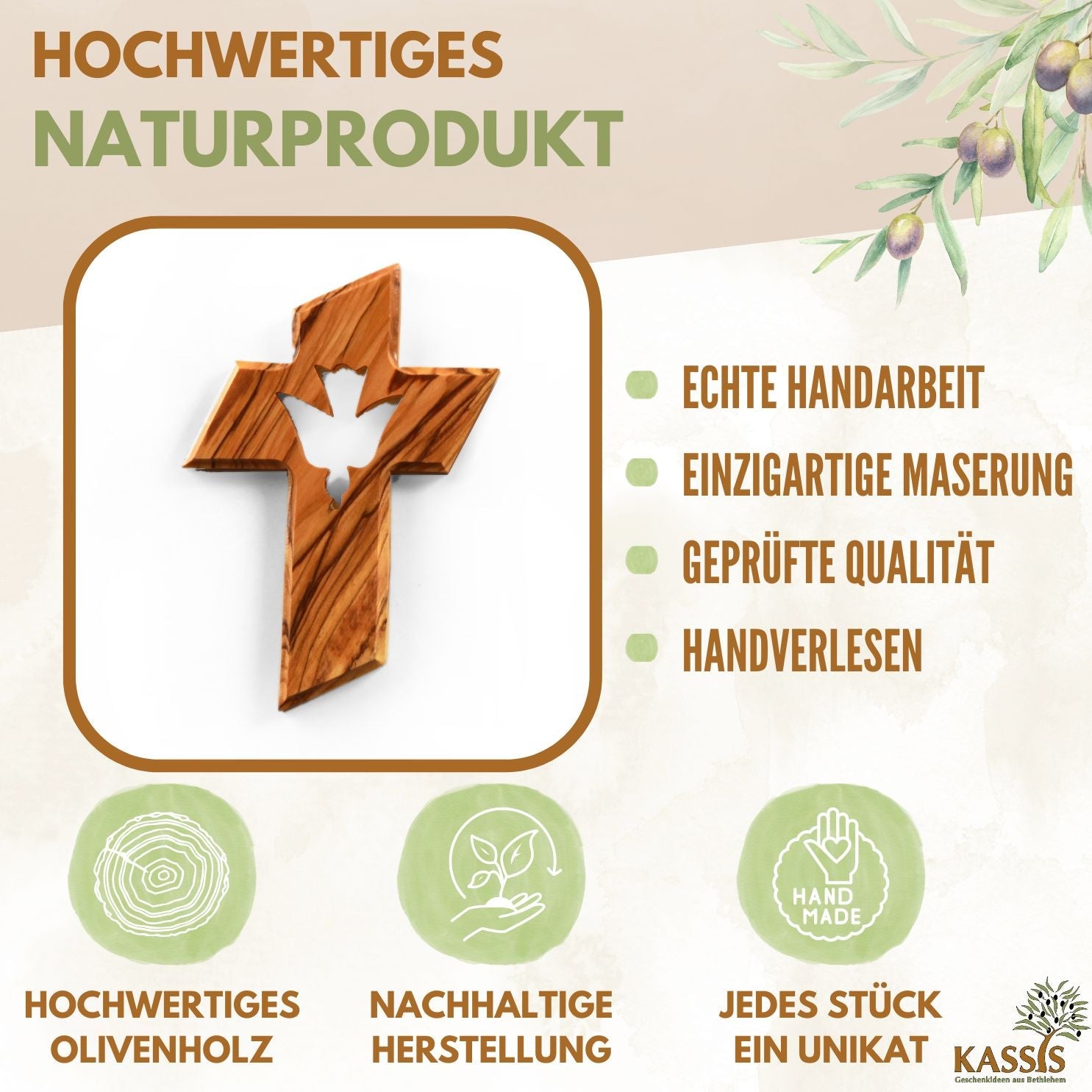 Olivenholz Kreuz mit Heiligem Geist (13 cm) | Wandkreuz als Geschenk zur Taufe, Kommunion & Firmung