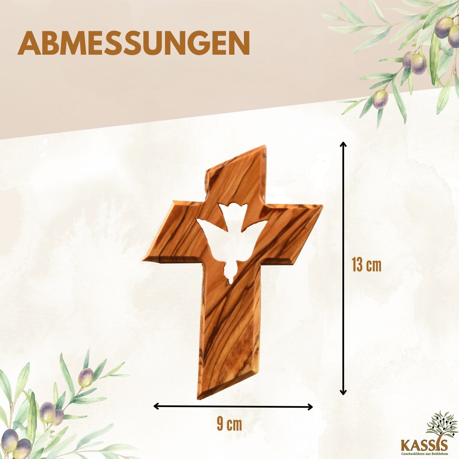 Olivenholz Kreuz mit Heiligem Geist (13 cm) | Wandkreuz als Geschenk zur Taufe, Kommunion & Firmung