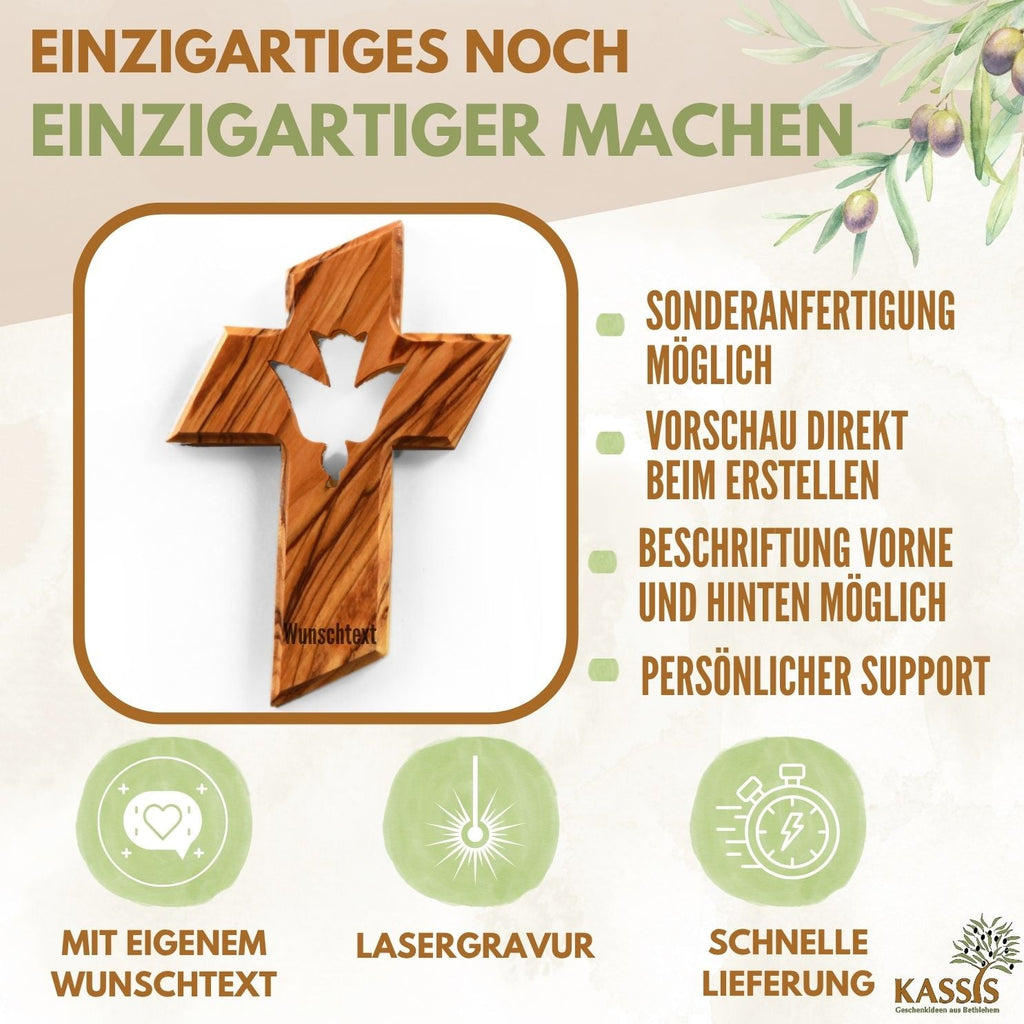 Olivenholz Kreuz mit Heiligem Geist (13 cm) | Wandkreuz als Geschenk zur Taufe, Kommunion & Firmung