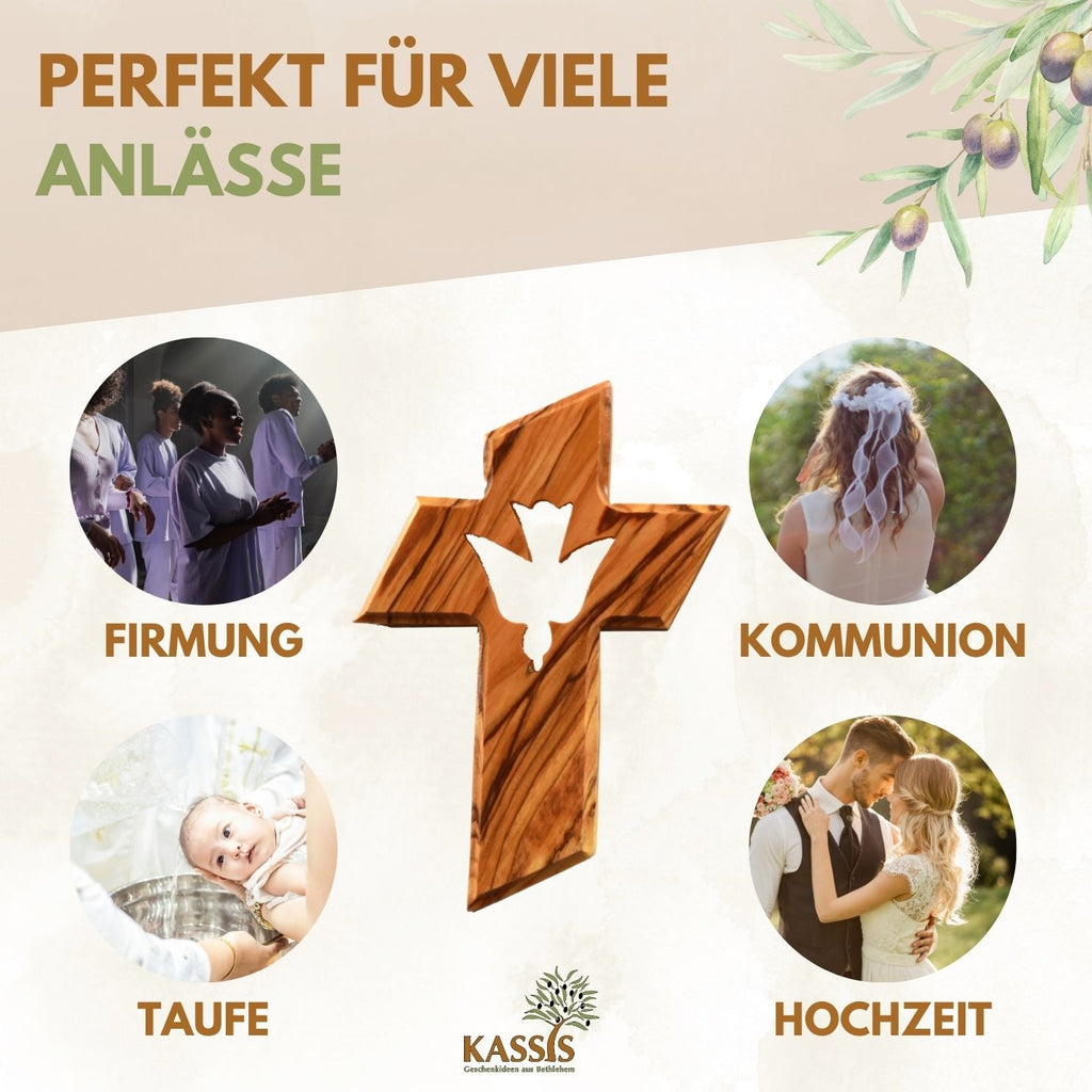 Olivenholz Kreuz mit Heiligem Geist (13 cm) | Wandkreuz als Geschenk zur Taufe, Kommunion & Firmung
