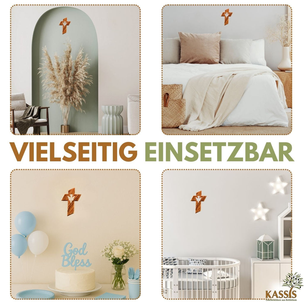 Olivenholz Kreuz mit Heiligem Geist (13 cm) | Wandkreuz als Geschenk zur Taufe, Kommunion & Firmung