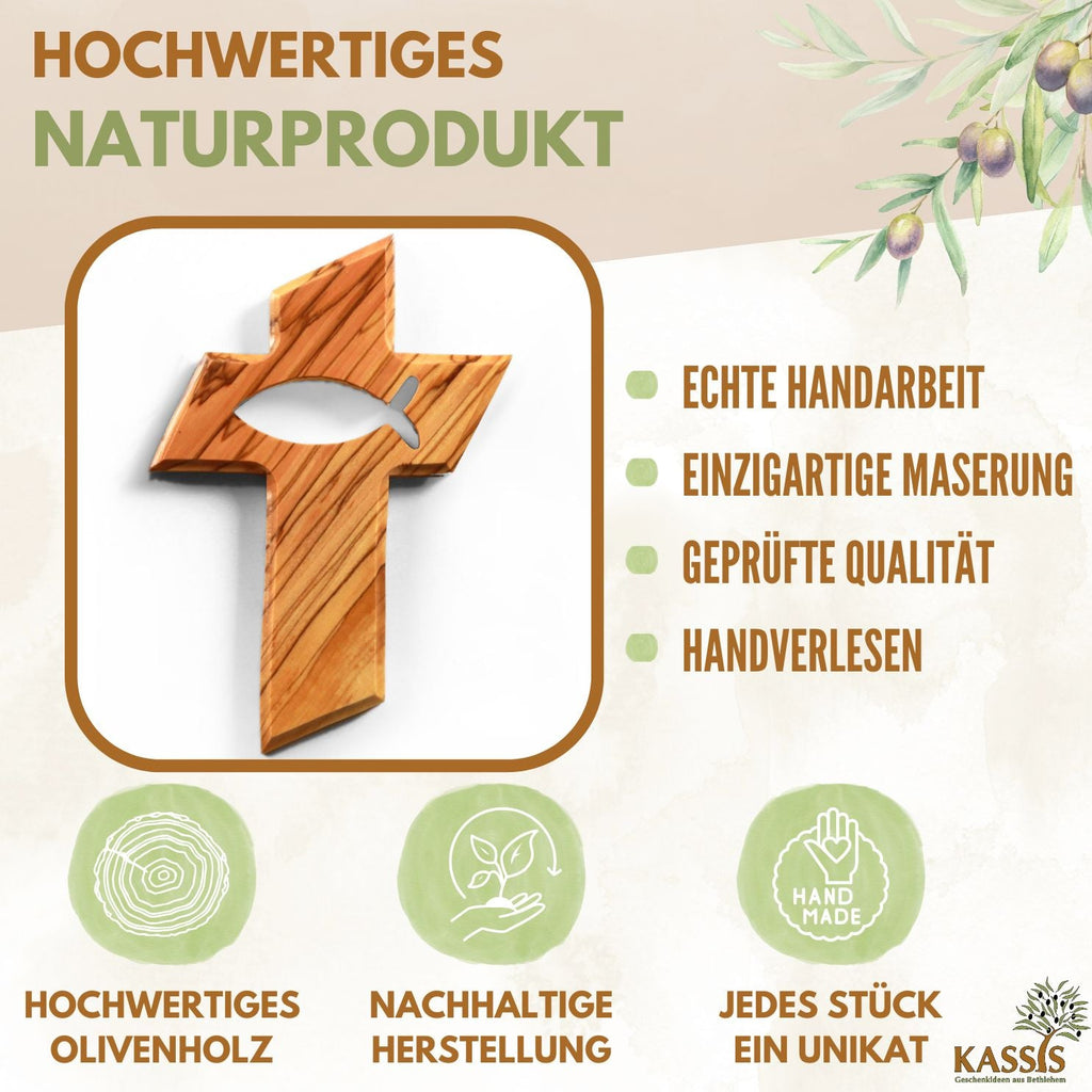 Olivenholz Kreuz mit Fisch (13 cm) | Wandkreuz als Geschenk zur Taufe, Kommunion & Geburt