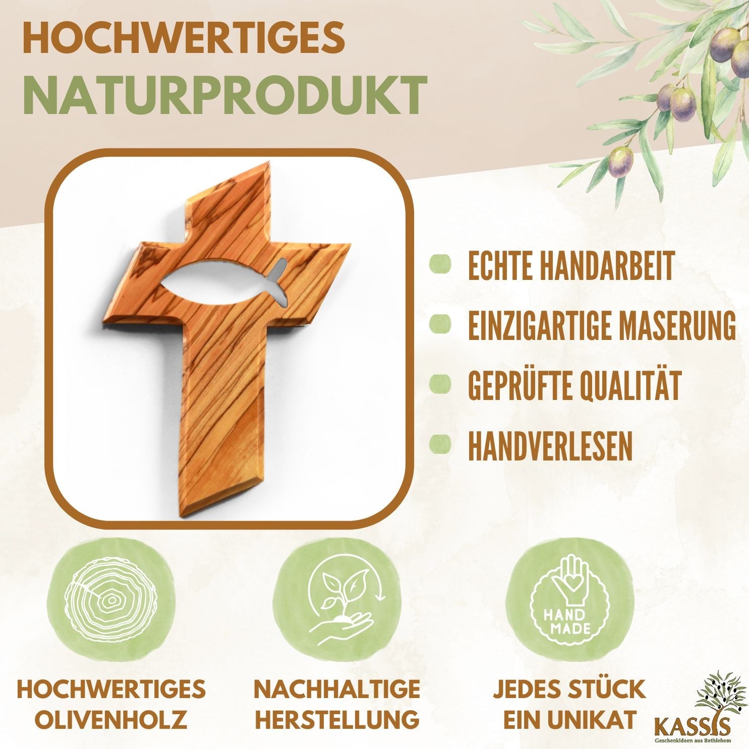 Olivenholz Kreuz mit Fisch (13 cm) | Wandkreuz als Geschenk zur Taufe, Kommunion & Geburt