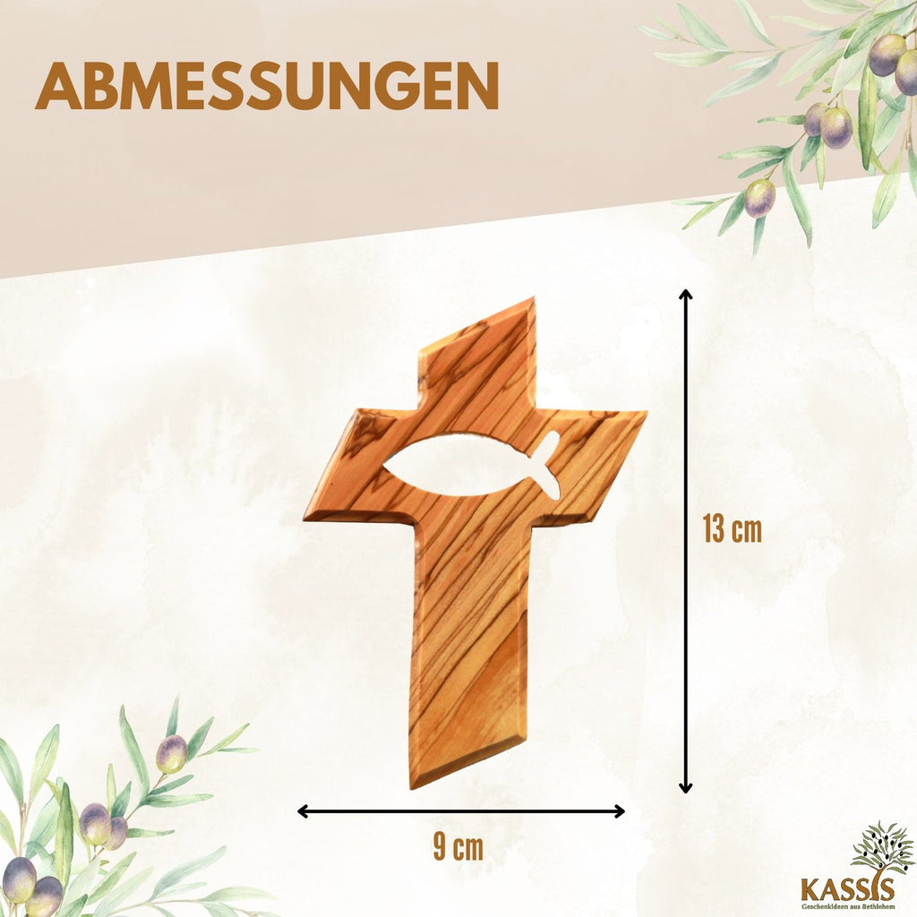 Olivenholz Kreuz mit Fisch (13 cm) | Wandkreuz als Geschenk zur Taufe, Kommunion & Geburt