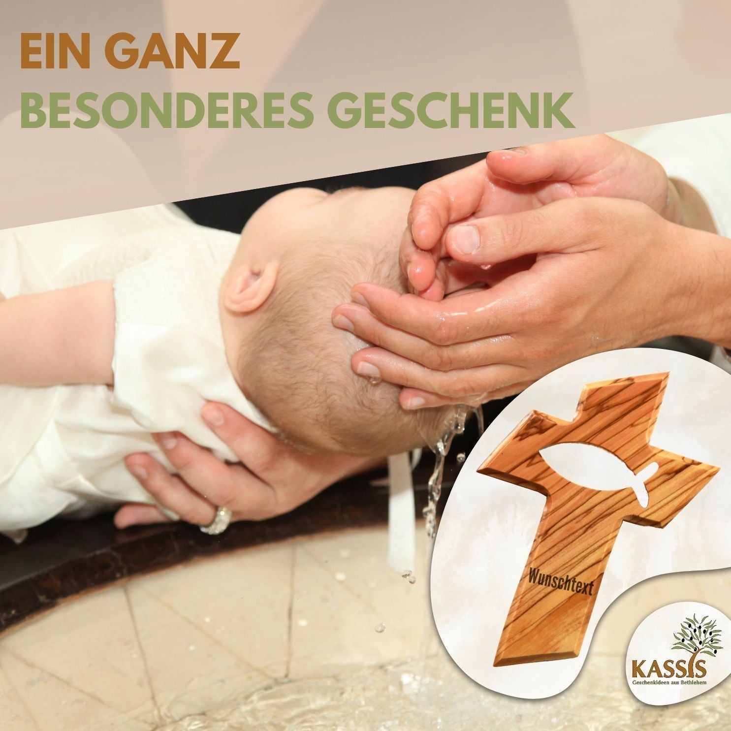 Olivenholz Kreuz mit Fisch (13 cm) | Wandkreuz als Geschenk zur Taufe, Kommunion & Geburt
