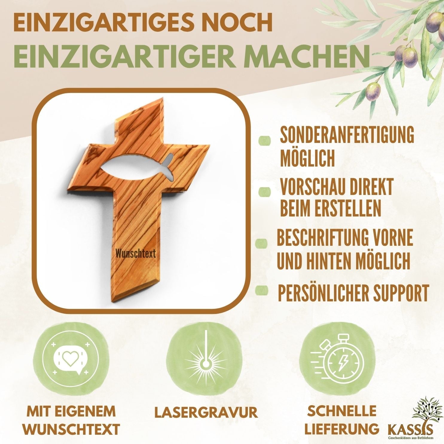 Olivenholz Kreuz mit Fisch (13 cm) | Wandkreuz als Geschenk zur Taufe, Kommunion & Geburt