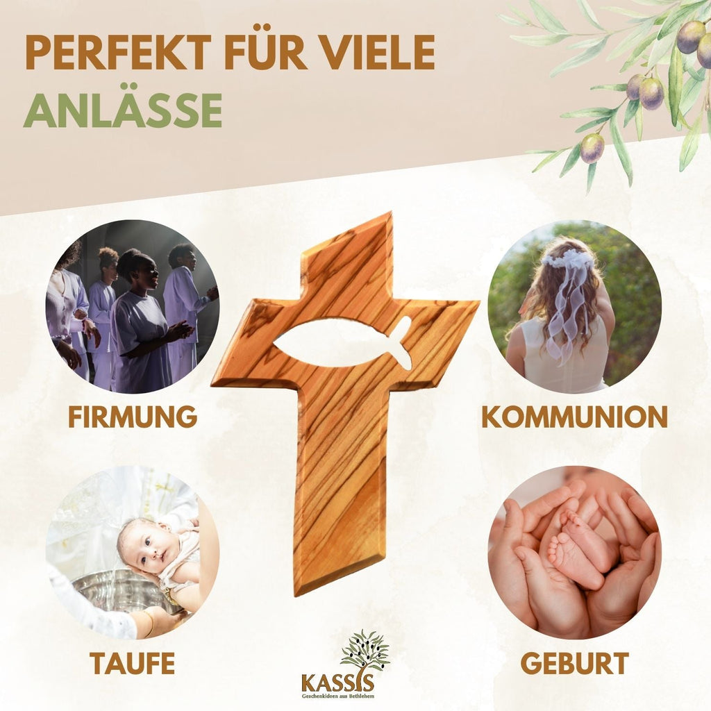 Olivenholz Kreuz mit Fisch (13 cm) | Wandkreuz als Geschenk zur Taufe, Kommunion & Geburt