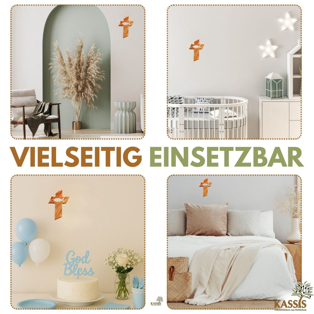 Olivenholz Kreuz mit Fisch (13 cm) | Wandkreuz als Geschenk zur Taufe, Kommunion & Geburt