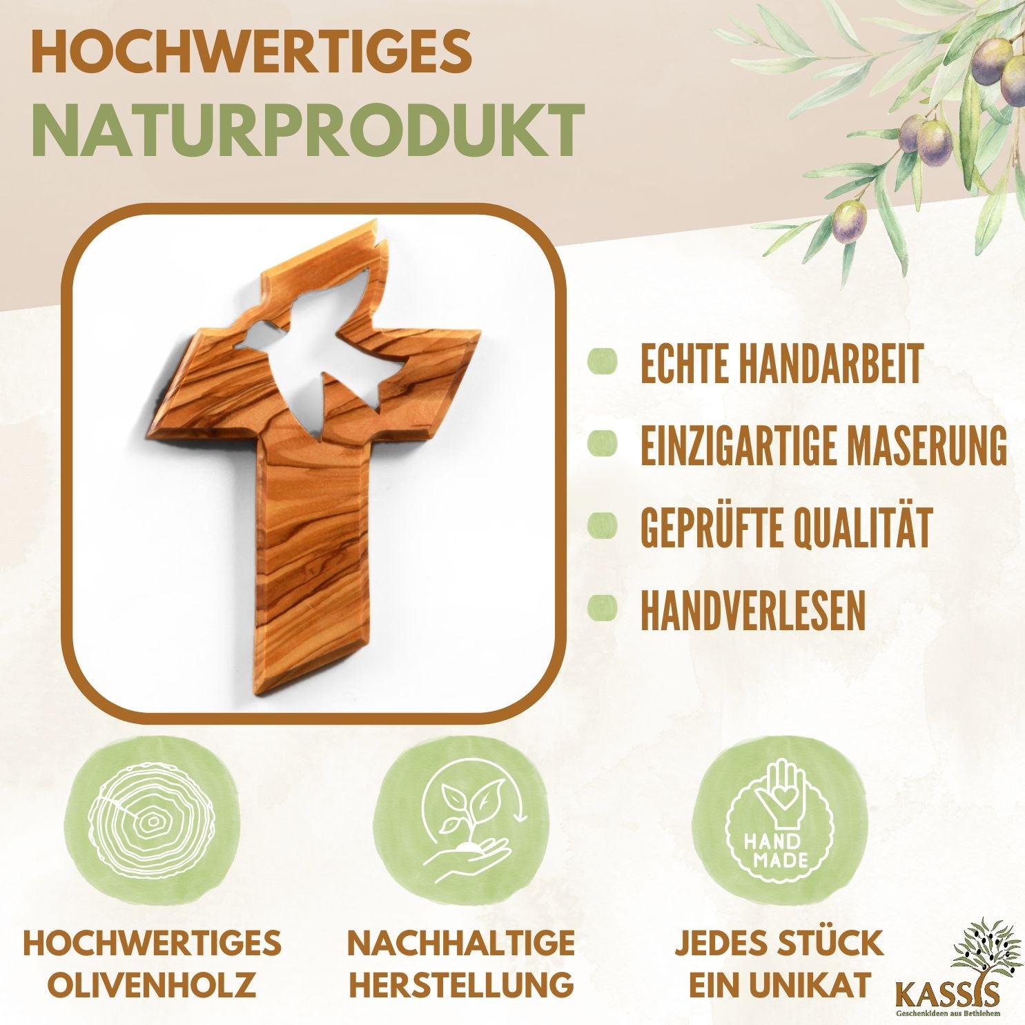 Olivenholz Kreuz mit Friedenstaube (13 cm) | Wandkreuz als Geschenk zur Taufe, Kommunion & Firmung
