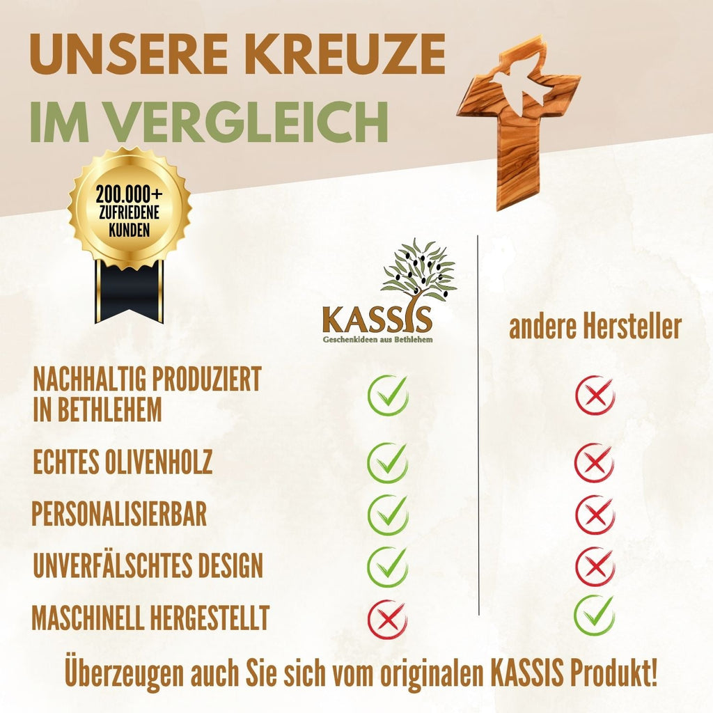 Olivenholz Kreuz mit Friedenstaube (13 cm) | Wandkreuz als Geschenk zur Taufe, Kommunion & Firmung
