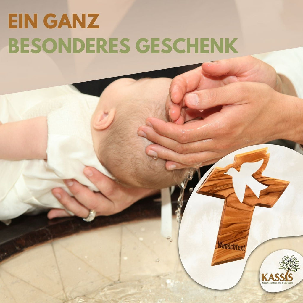 Olivenholz Kreuz mit Friedenstaube (13 cm) | Wandkreuz als Geschenk zur Taufe, Kommunion & Firmung
