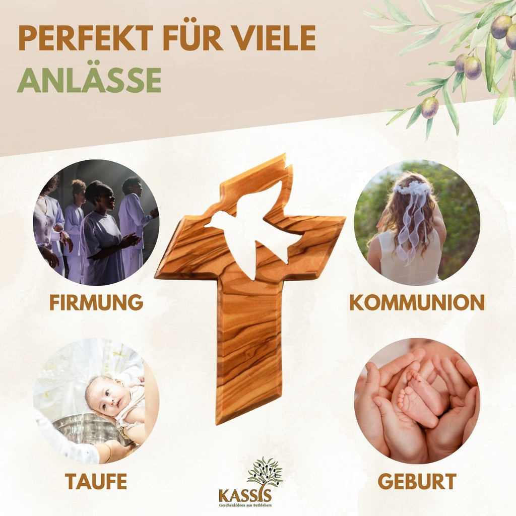 Olivenholz Kreuz mit Friedenstaube (13 cm) | Wandkreuz als Geschenk zur Taufe, Kommunion & Firmung