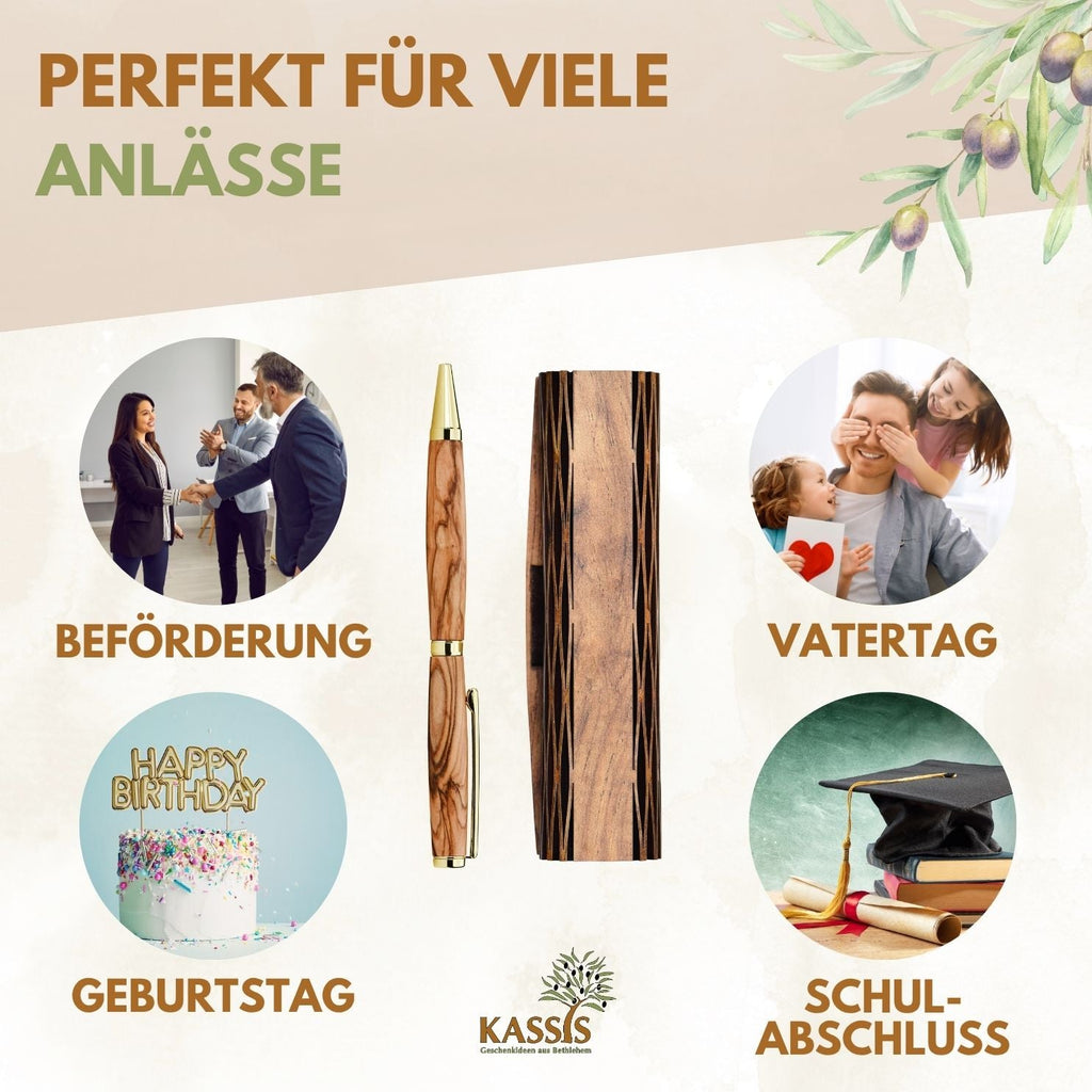 Kugelschreiber aus Olivenholz in Holzschachtel mit Gravur „Herzlichen Glückwunsch“ | Edles Geschenk für Geburtstag, Abschluss & Jubiläum