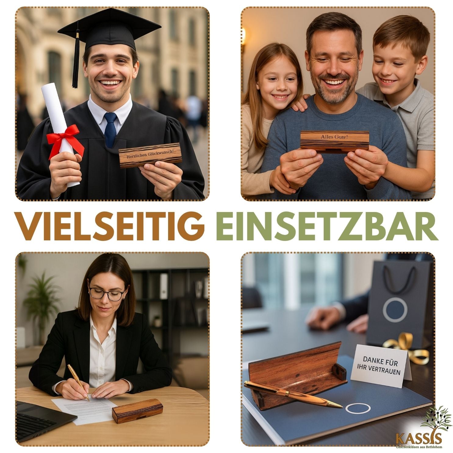Kugelschreiber aus Olivenholz in Holzschachtel mit Gravur „Herzlichen Glückwunsch“ | Edles Geschenk für Geburtstag, Abschluss & Jubiläum